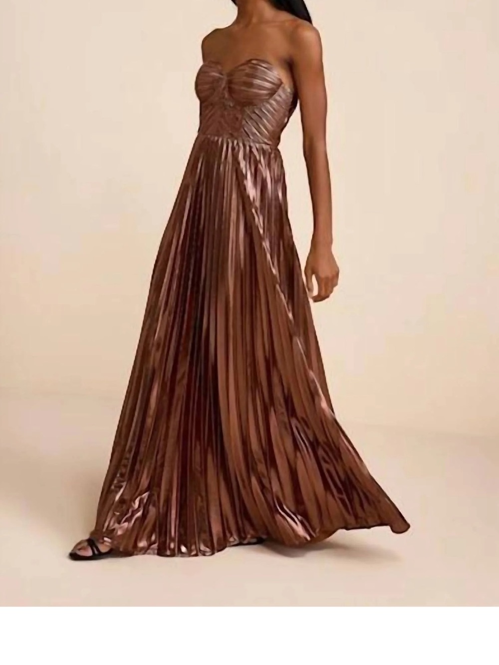 Lulu's Metallic Bronze Strapless Pleated Maxi Dress